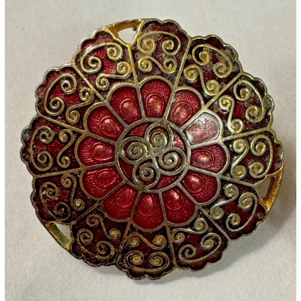 Vintage Red Gold Cloisonne Enamel Clip On Earrings Round Mandala Floral 1 Inch‎